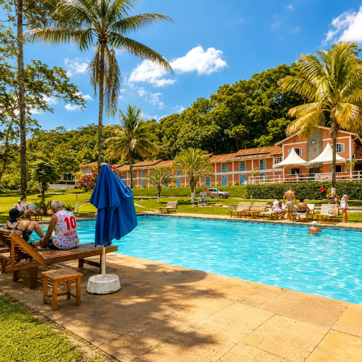 Piscina ao ar livre cercada de vegetação